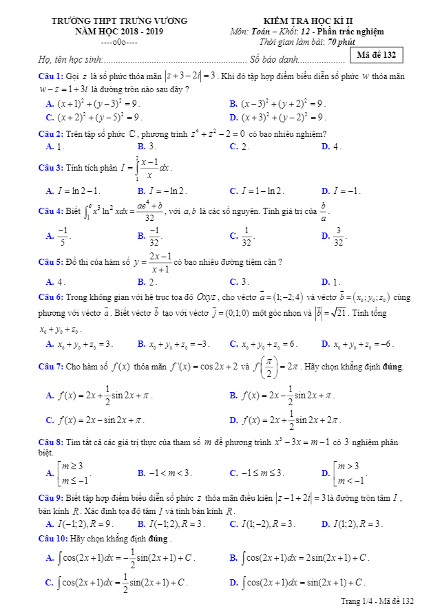 de kiem tra hoc ki 2 hk2 lop 12 mon toan nam 2018 2019 truong thpt trung vuong tp hcm d