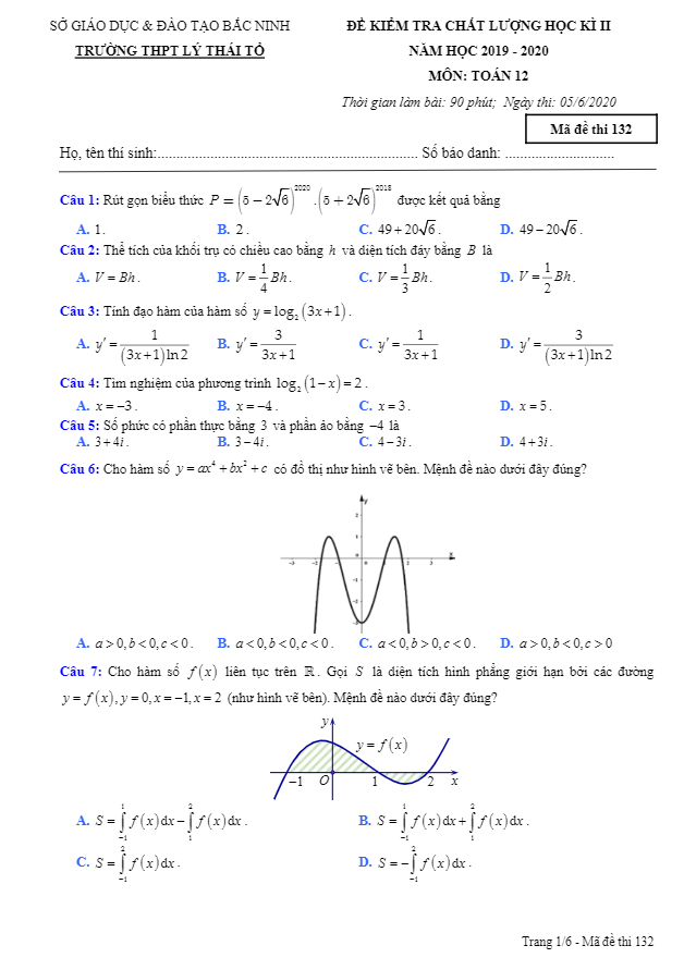 de kiem tra hoc ki 2 hk2 lop 12 mon toan nam 2019 2020 truong thpt ly thai to bac ninh d