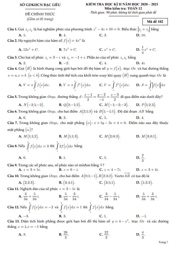 de kiem tra hoc ki 2 hk2 lop 12 mon toan nam 2020 2021 so gdkhcn bac lieu d