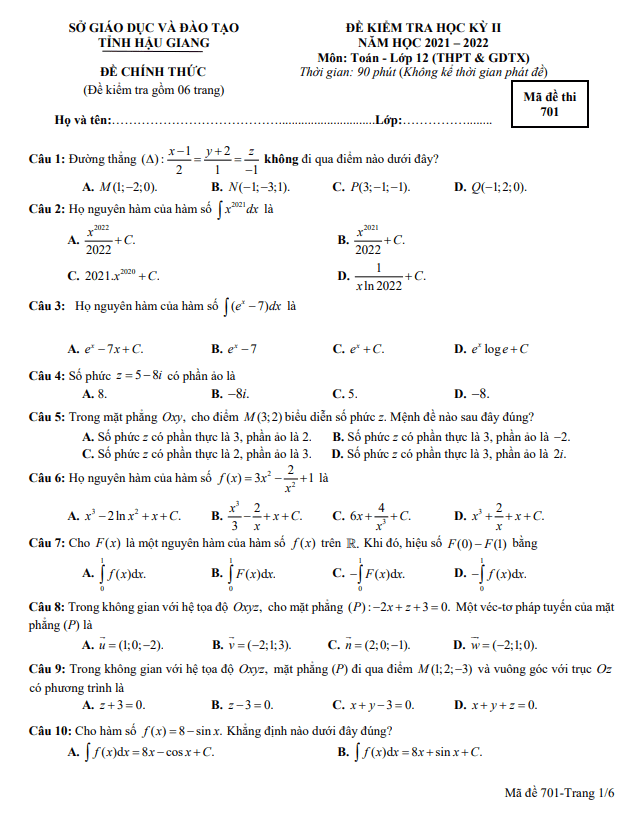 de kiem tra hoc ki 2 hk2 lop 12 mon toan nam 2021 2022 so gd dt hau giang d