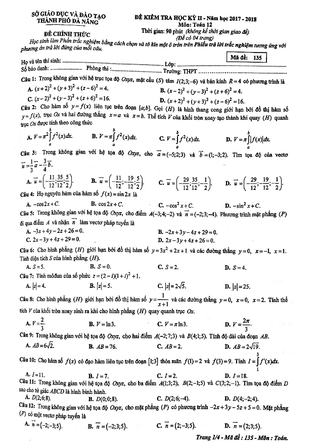 de kiem tra hoc ki 2 hk2 lop 12 mon toan nam hoc 2017 2018 so gd va dt da nang d