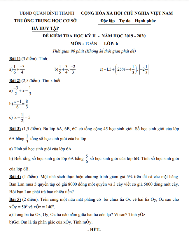 de kiem tra hoc ki 2 hk2 lop 6 mon toan nam 2019 2020 truong thcs ha huy tap tp hcm d
