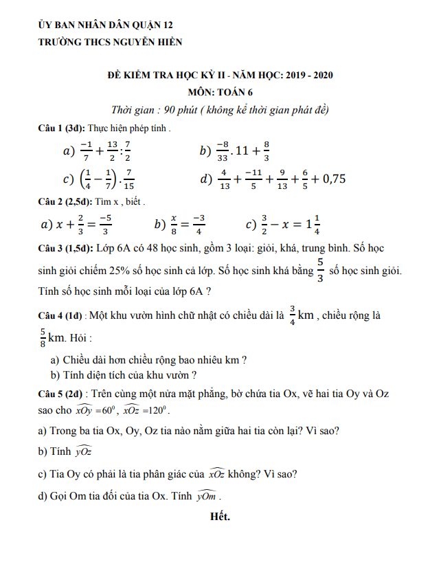 de kiem tra hoc ki 2 hk2 lop 6 mon toan nam 2019 2020 truong thcs nguyen hien tp hcm d