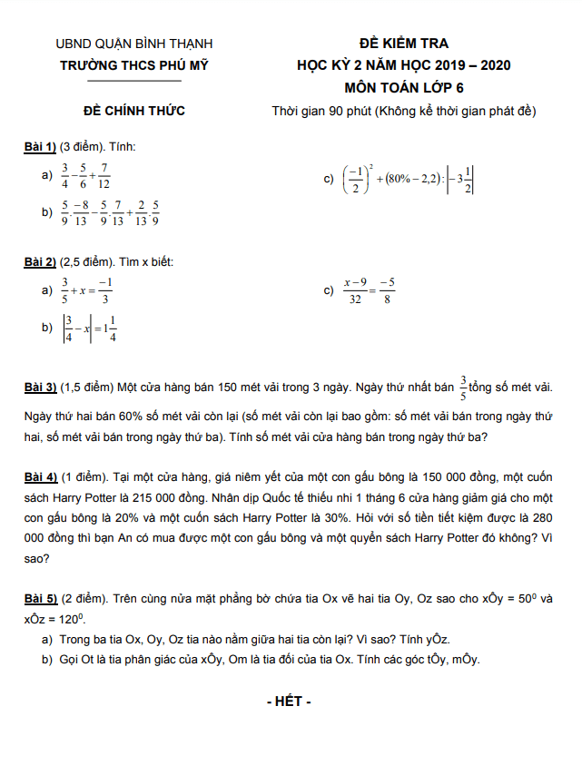 de kiem tra hoc ki 2 hk2 lop 6 mon toan nam 2019 2020 truong thcs phu my tp hcm d
