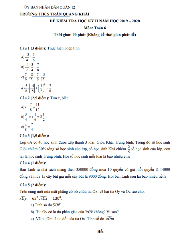 de kiem tra hoc ki 2 hk2 lop 6 mon toan nam 2019 2020 truong thcs tran quang khai tp hcm d