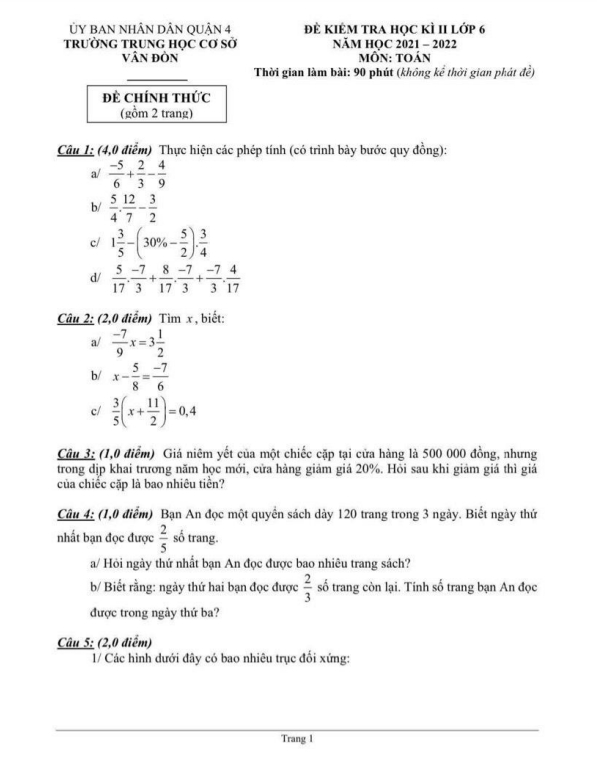 Đề kiểm tra học kì 2 (HK2) lớp 6 môn Toán năm 2021 2022 trường THCS Vân Đồn TP HCM 1 de kiem tra hoc ki 2 hk2 lop 6 mon toan nam 2021 2022 truong thcs van don tp hcm d