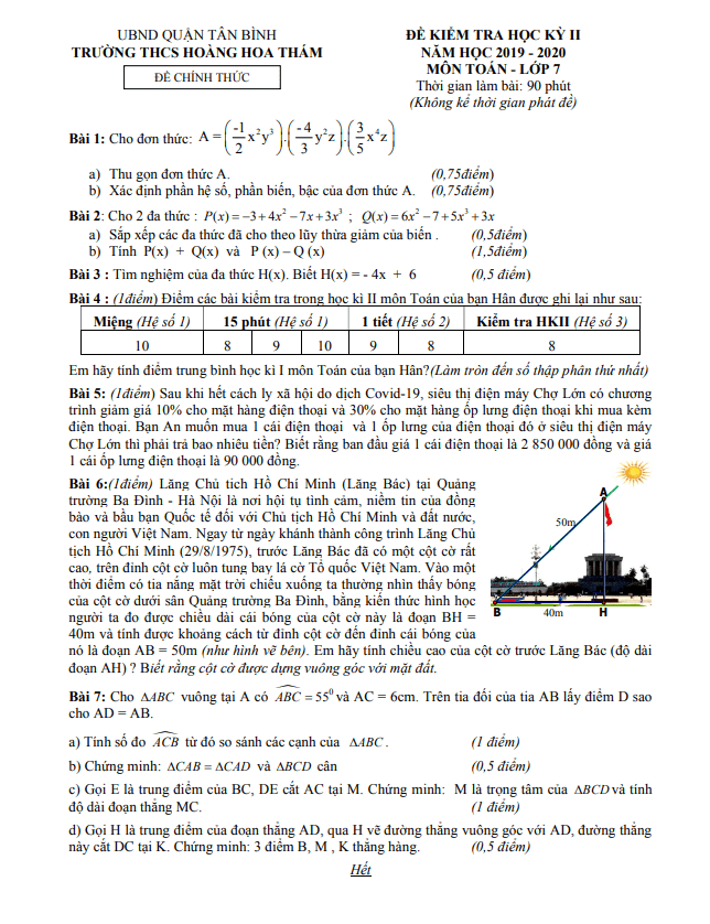 Đề kiểm tra học kì 2 (HK2) lớp 7 môn Toán năm 2019 2020 trường THCS Hoàng Hoa Thám TP HCM 7 de kiem tra hoc ki 2 hk2 lop 7 mon toan nam 2019 2020 truong thcs hoang hoa tham tp hcm d