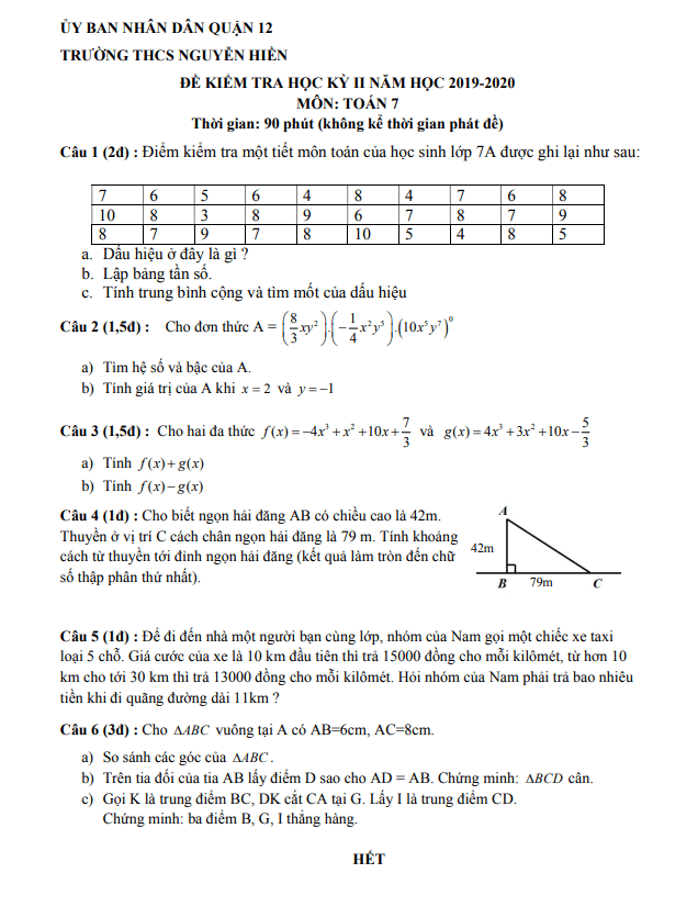 de kiem tra hoc ki 2 hk2 lop 7 mon toan nam 2019 2020 truong thcs nguyen hien tp hcm d