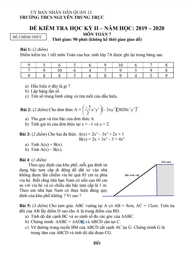 de kiem tra hoc ki 2 hk2 lop 7 mon toan nam 2019 2020 truong thcs nguyen trung truc tp hcm d