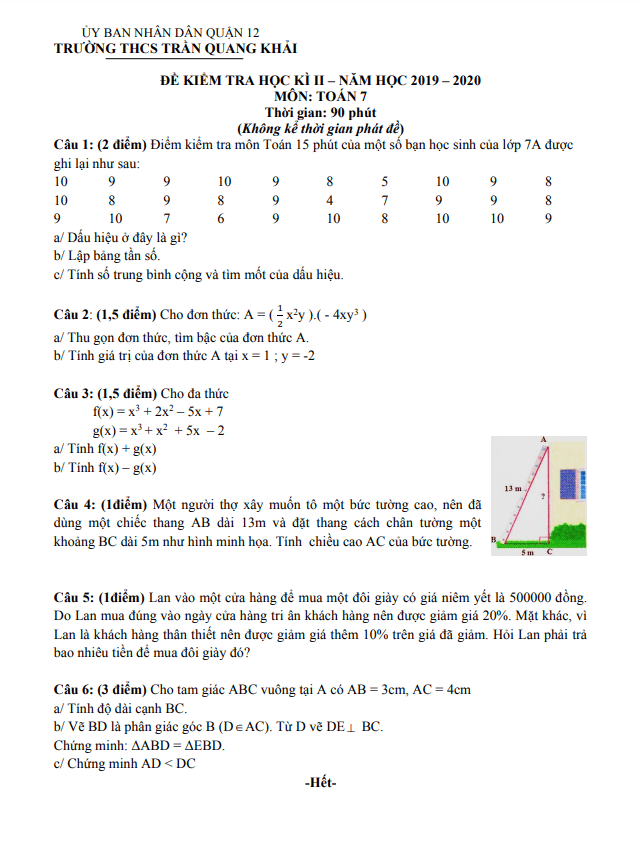 de kiem tra hoc ki 2 hk2 lop 7 mon toan nam 2019 2020 truong thcs tran quang khai tp hcm d