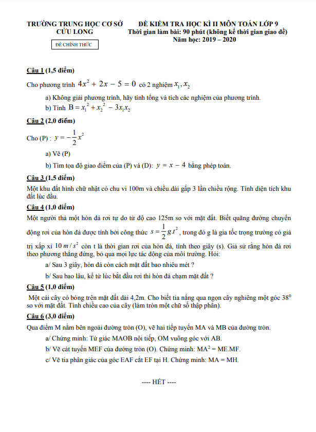 de kiem tra hoc ki 2 hk2 lop 9 mon toan nam 2019 2020 truong thcs cuu long tp hcm d