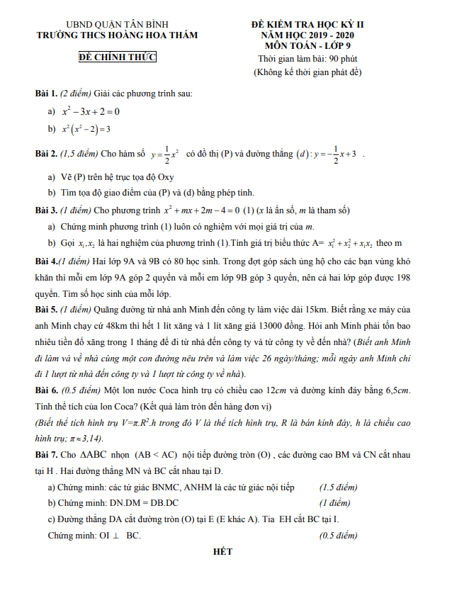 de kiem tra hoc ki 2 hk2 lop 9 mon toan nam 2019 2020 truong thcs hoang hoa tham tp hcm d