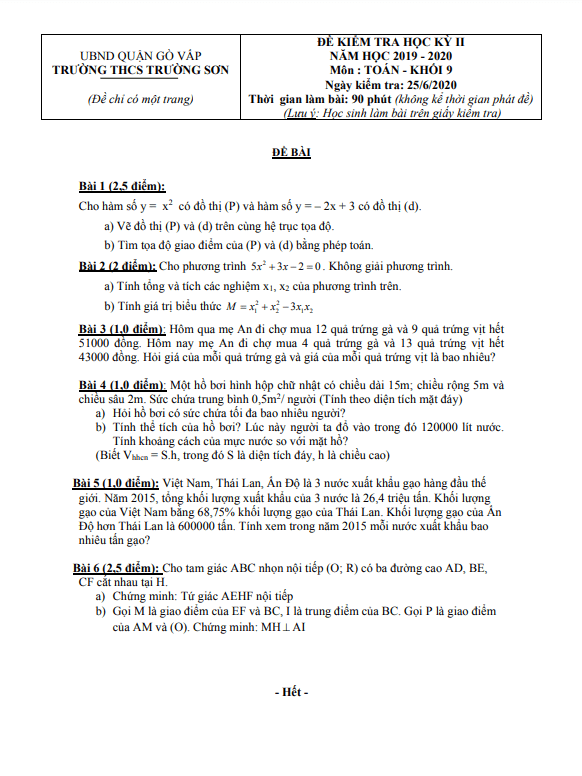de kiem tra hoc ki 2 hk2 lop 9 mon toan nam 2019 2020 truong thcs truong son tp hcm d