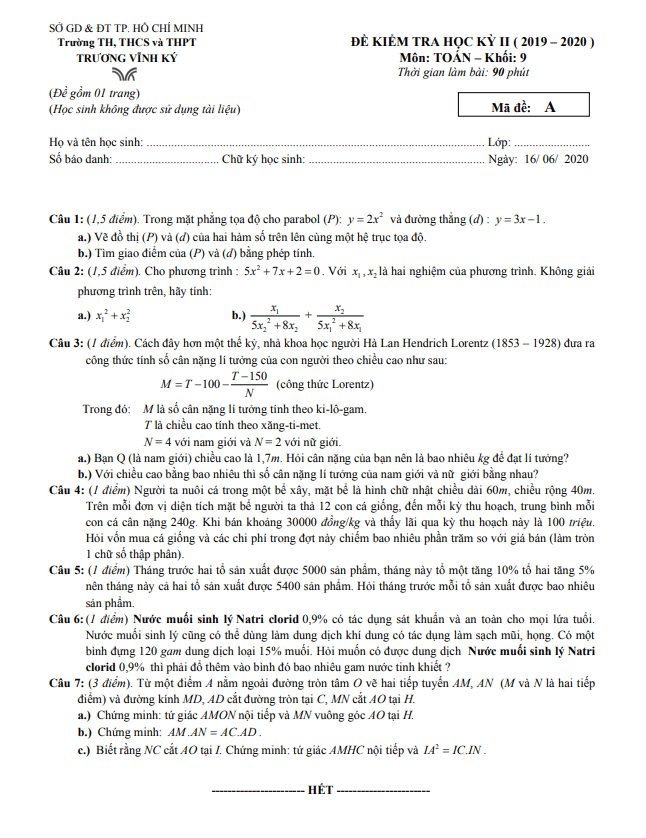 de kiem tra hoc ki 2 hk2 lop 9 mon toan nam 2019 2020 truong truong vinh ky tp hcm d