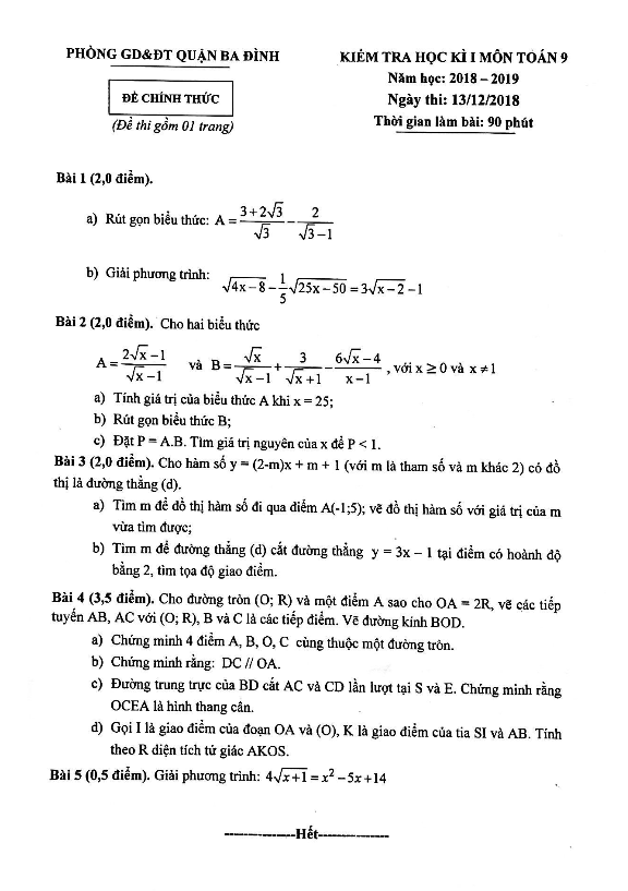 Đề kiểm tra học kỳ I lớp 9 môn Toán năm học 2018 2019 phòng GD ĐT Ba Đình Hà Nội 4 de kiem tra hoc ky i lop 9 mon toan nam hoc 2018 2019 phong gd dt ba dinh ha noi d