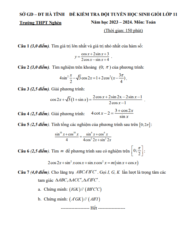 de kiem tra hsg lop 11 mon toan nam 2023 2024 truong thpt nghen ha tinh d