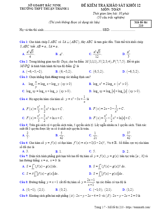 de kiem tra khao sat lop 12 mon toan nam 2018 2019 truong thuan thanh 1 bac ninh d