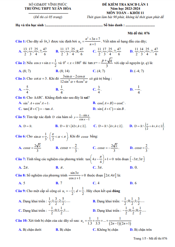 de kiem tra kscd lan 1 lop 11 mon toan nam 2023 2024 truong thpt xuan hoa vinh phuc d