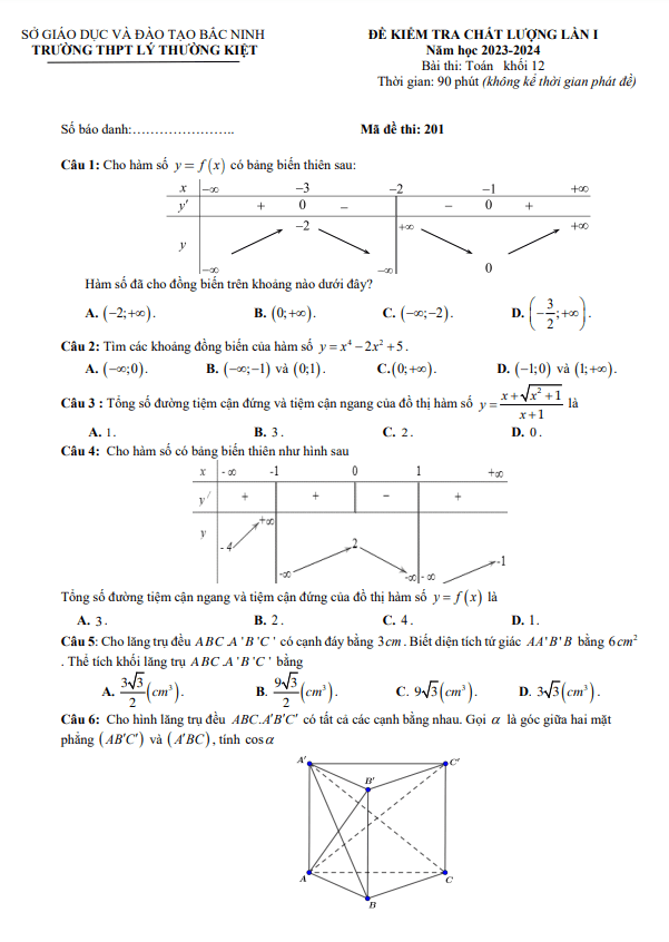 de kiem tra lan 1 lop 12 mon toan nam 2023 2024 truong thpt ly thuong kiet bac ninh d