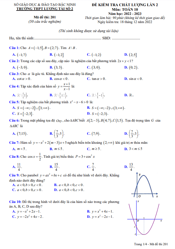 Đề kiểm tra lớp 10 môn Toán lần 2 năm 2022 2023 trường THPT Lương Tài 2 Bắc Ninh 2 de kiem tra lop 10 mon toan lan 2 nam 2022 2023 truong thpt luong tai 2 bac ninh d