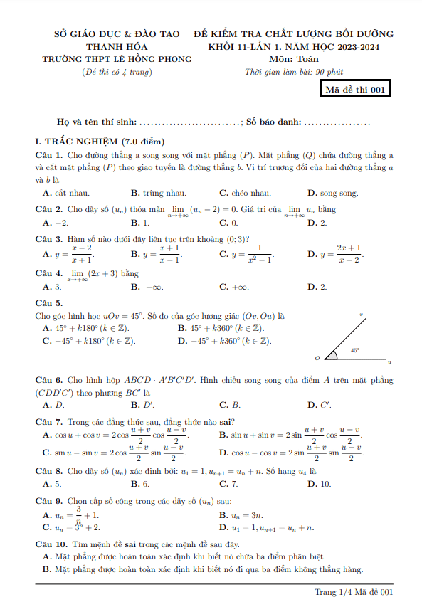 de kiem tra lop 11 mon toan lan 1 nam 2023 2024 truong thpt le hong phong thanh hoa d