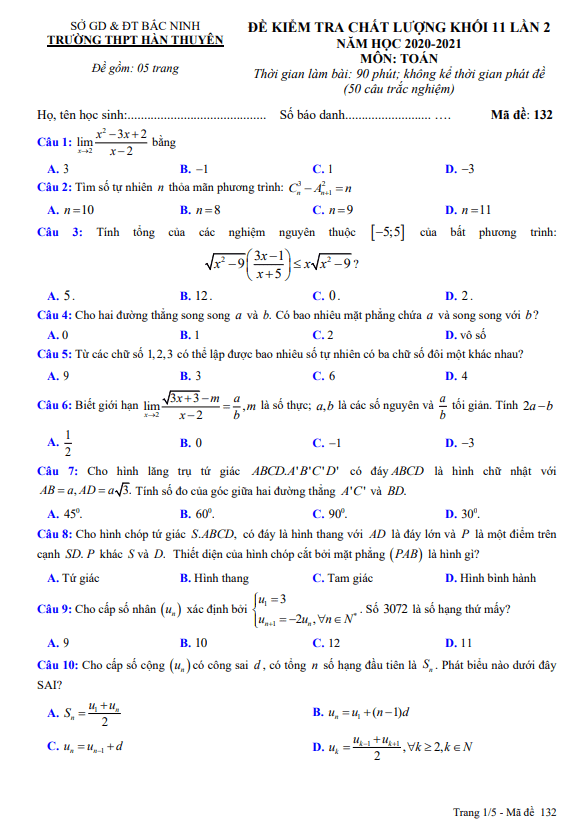 de kiem tra lop 11 mon toan lan 2 nam 2020 2021 truong han thuyen bac ninh d