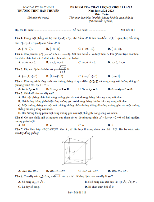de kiem tra lop 11 mon toan lan 2 nam 2022 2023 truong thpt han thuyen bac ninh d