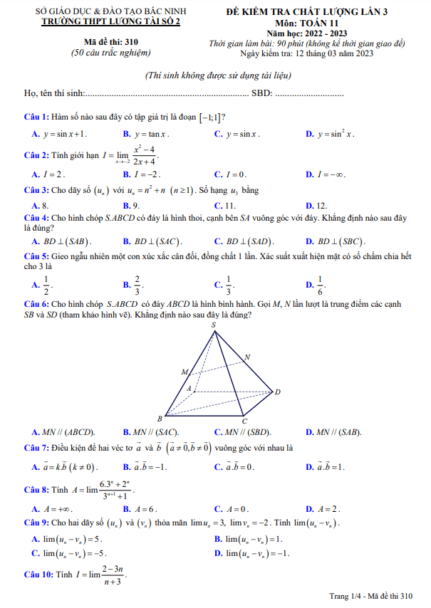 Đề kiểm tra lớp 11 môn Toán lần 3 năm 2022 2023 trường THPT Lương Tài 2 Bắc Ninh 7 de kiem tra lop 11 mon toan lan 3 nam 2022 2023 truong thpt luong tai 2 bac ninh d