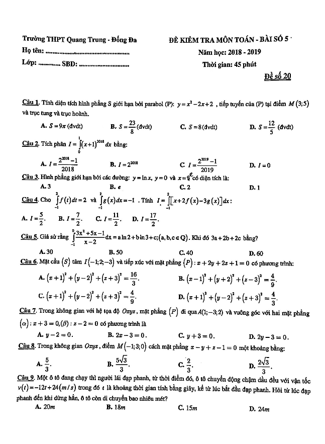 de kiem tra lop 12 mon toan bai so 5 nam 2018 2019 truong quang trung ha noi d