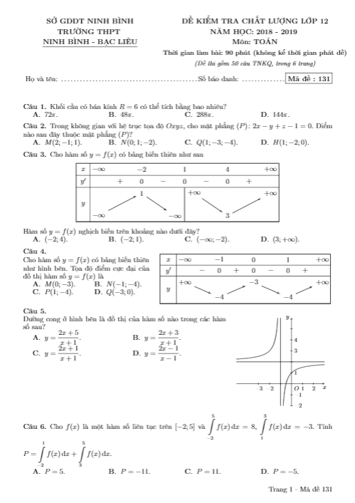 de kiem tra lop 12 mon toan nam 2018 e28093 2019 lan 4 truong ninh binh e28093 bac lieu e28093 ninh binh d