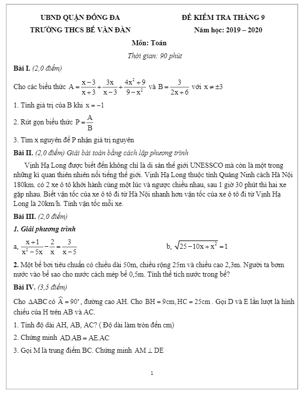 de kiem tra lop 9 mon toan thang 9 nam 2019 2020 truong thcs be van dan ha noi d