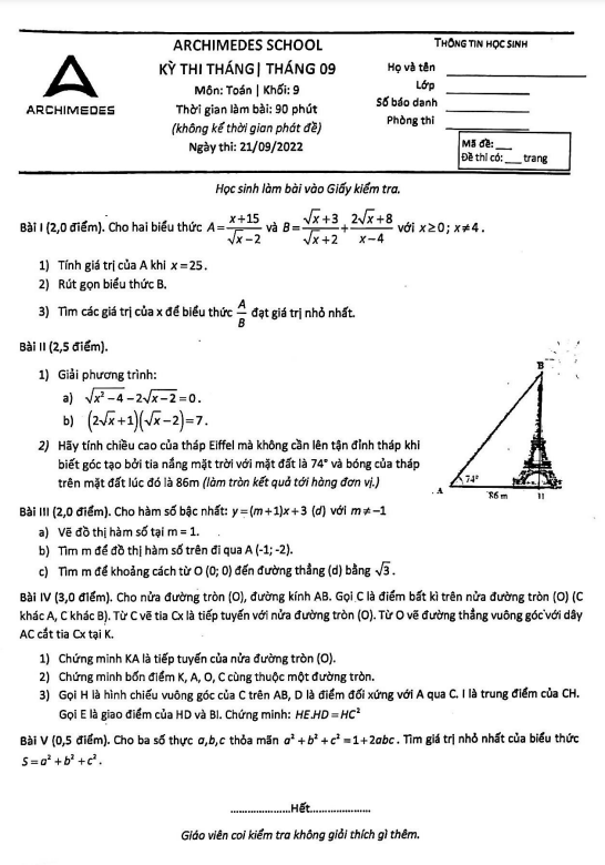 de kiem tra lop 9 mon toan thang 9 nam 2022 he thong giao duc archimedes school ha noi d