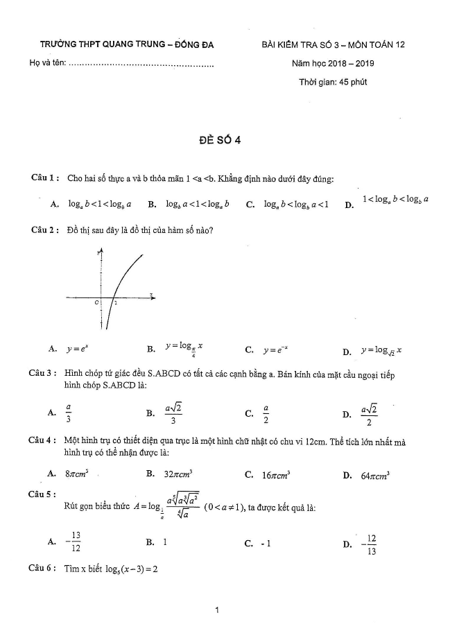 de kiem tra so 3 lop 12 mon toan nam 2018 2019 truong thpt quang trung ha noi d