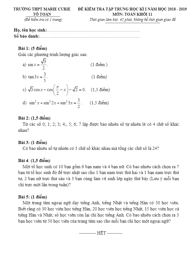 de kiem tra tap trung hoc ki 1 hk1 lop 11 mon toan nam 2018 2019 truong marie curie tp hcm d