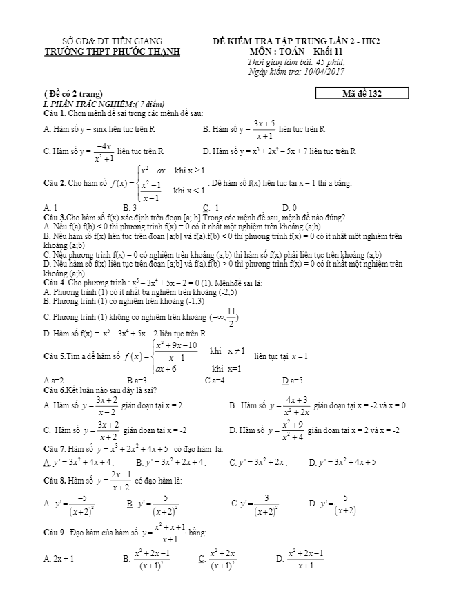 Đề kiểm tra tập trung lớp 11 môn Toán trường THPT Phước Thanh Tiền Giang lần 2 4 de kiem tra tap trung lop 11 mon toan truong thpt phuoc thanh tien giang lan 2 d