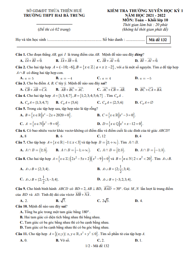de kiem tra thuong xuyen hoc ki 1 hk1 lop 10 mon toan nam 2021 2022 truong thpt hai ba trung tt hue d