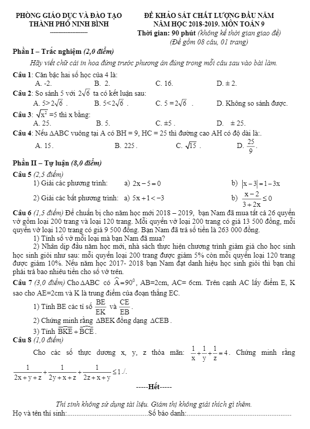 de kscl dau nam 2018 2019 lop 9 mon toan phong gd va dt thanh pho ninh binh d