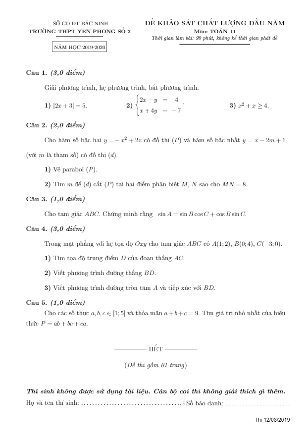 Đề KSCL đầu năm lớp 11 môn Toán năm 2019 2020 trường Yên Phong 2 Bắc Ninh 3 de kscl dau nam lop 11 mon toan nam 2019 2020 truong yen phong 2 bac ninh d