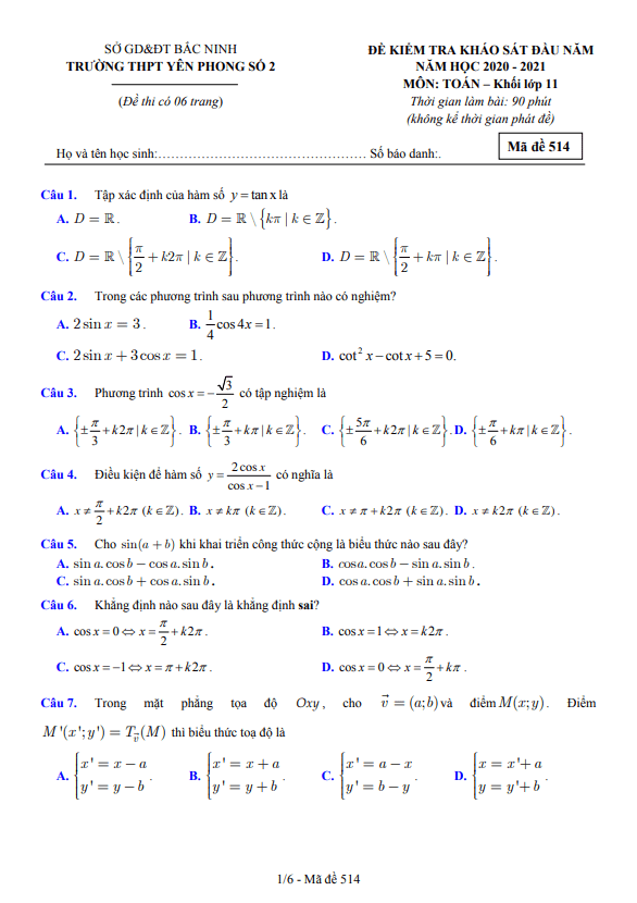 de kscl dau nam lop 11 mon toan nam 2020 2021 truong yen phong 2 bac ninh d