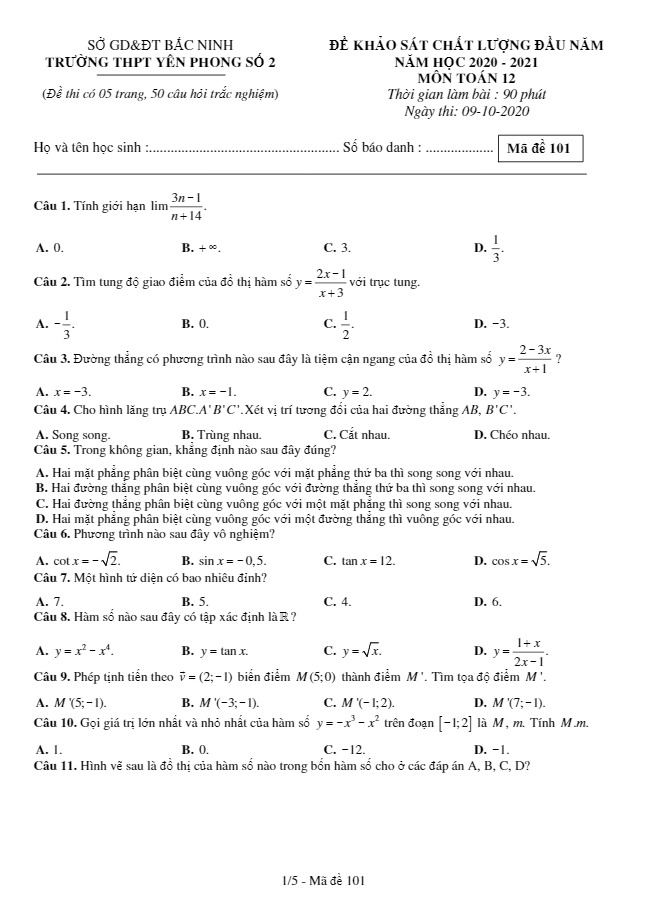 de kscl dau nam lop 12 mon toan nam 2020 2021 truong yen phong 2 bac ninh d