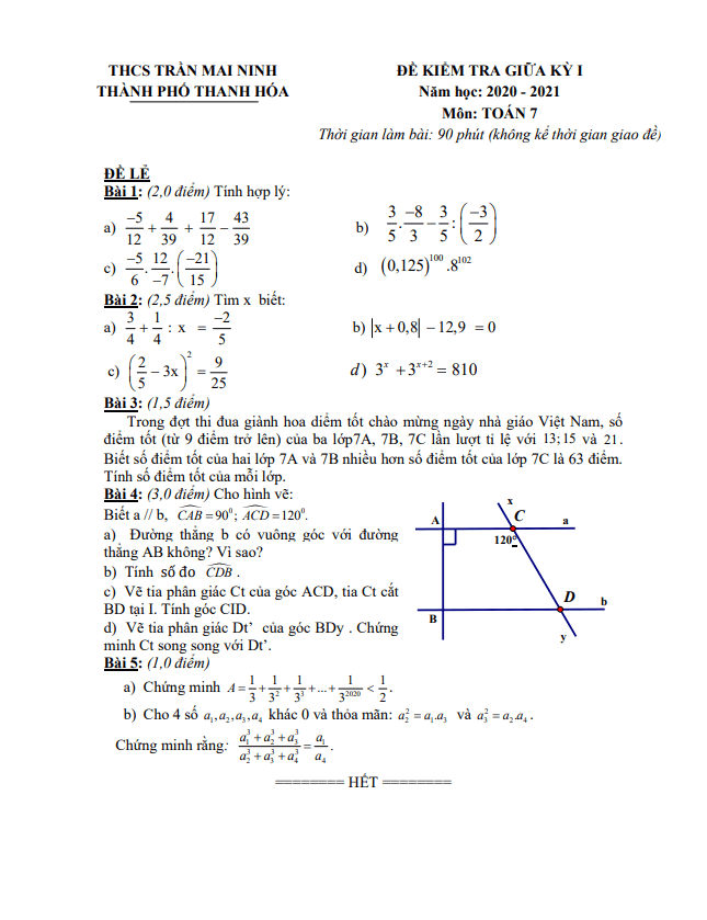 de kscl giua hoc ki 1 hk1 lop 7 mon toan nam 2020 2021 truong thcs tran mai ninh thanh hoa d
