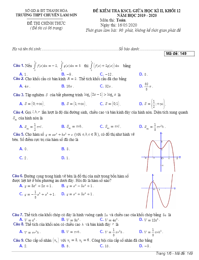 de kscl giua hoc ki 2 hk2 lop 12 mon toan nam 2019 2020 truong chuyen lam son thanh hoa d