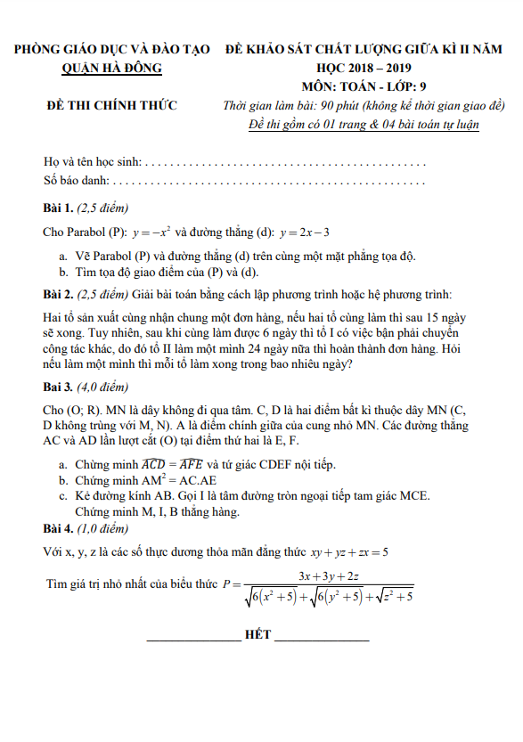 de kscl giua hoc ki 2 hk2 lop 9 mon toan nam 2018 2019 phong gd dt ha dong ha noi d