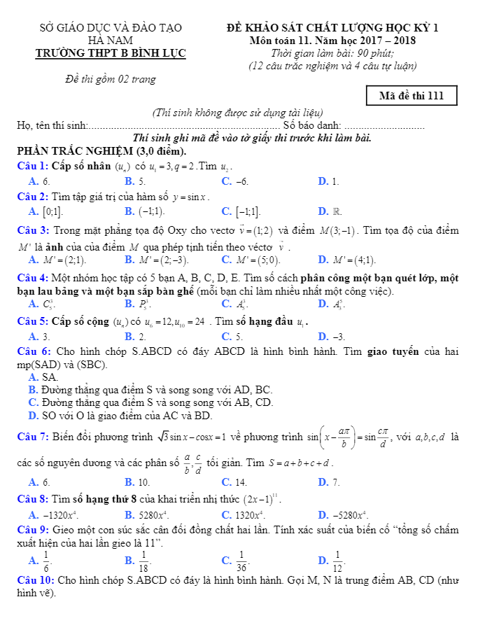 de kscl hoc ki 1 hk1 lop 11 mon toan nam hoc 2017 2018 truong thpt b binh luc ha nam d