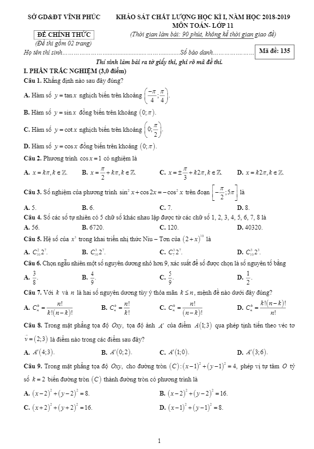 de kscl hoc ki 1 hk1 lop 11 mon toan nam hoc 2018 2019 so gd va dt vinh phuc d
