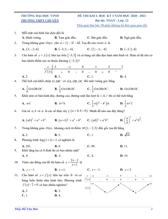 de kscl hoc ki 1 hk1 lop 12 mon toan nam 2020 2021 truong chuyen dai hoc vinh nghe an d