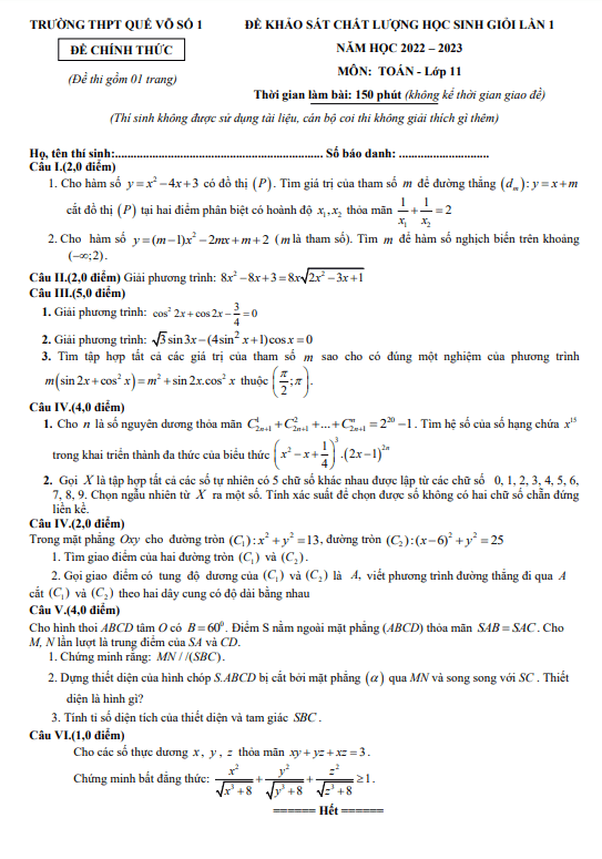 de kscl hoc sinh gioi lop 11 mon toan lan 1 nam 2022 2023 truong thpt que vo 1 bac ninh d