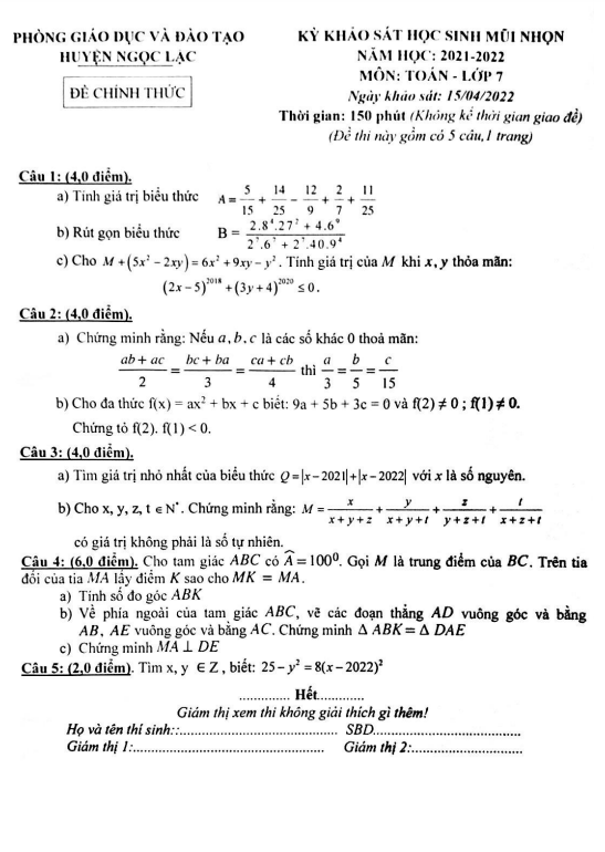 de kscl hoc sinh mui nhon lop 7 mon toan nam 2021 2022 phong gd dt ngoc lac thanh hoa d