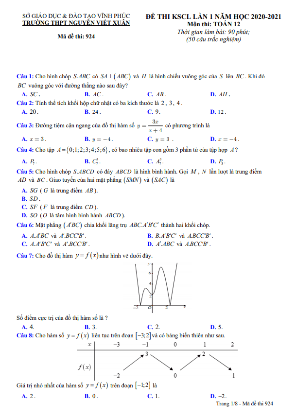de kscl lan 1 lop 12 mon toan nam 2020 2021 truong thpt nguyen viet xuan vinh phuc d