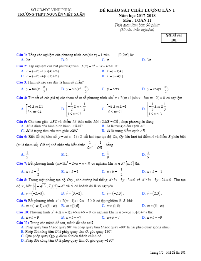 de kscl lan 1 nam hoc 2017 2018 lop 11 mon toan truong thpt nguyen viet xuan vinh phuc d